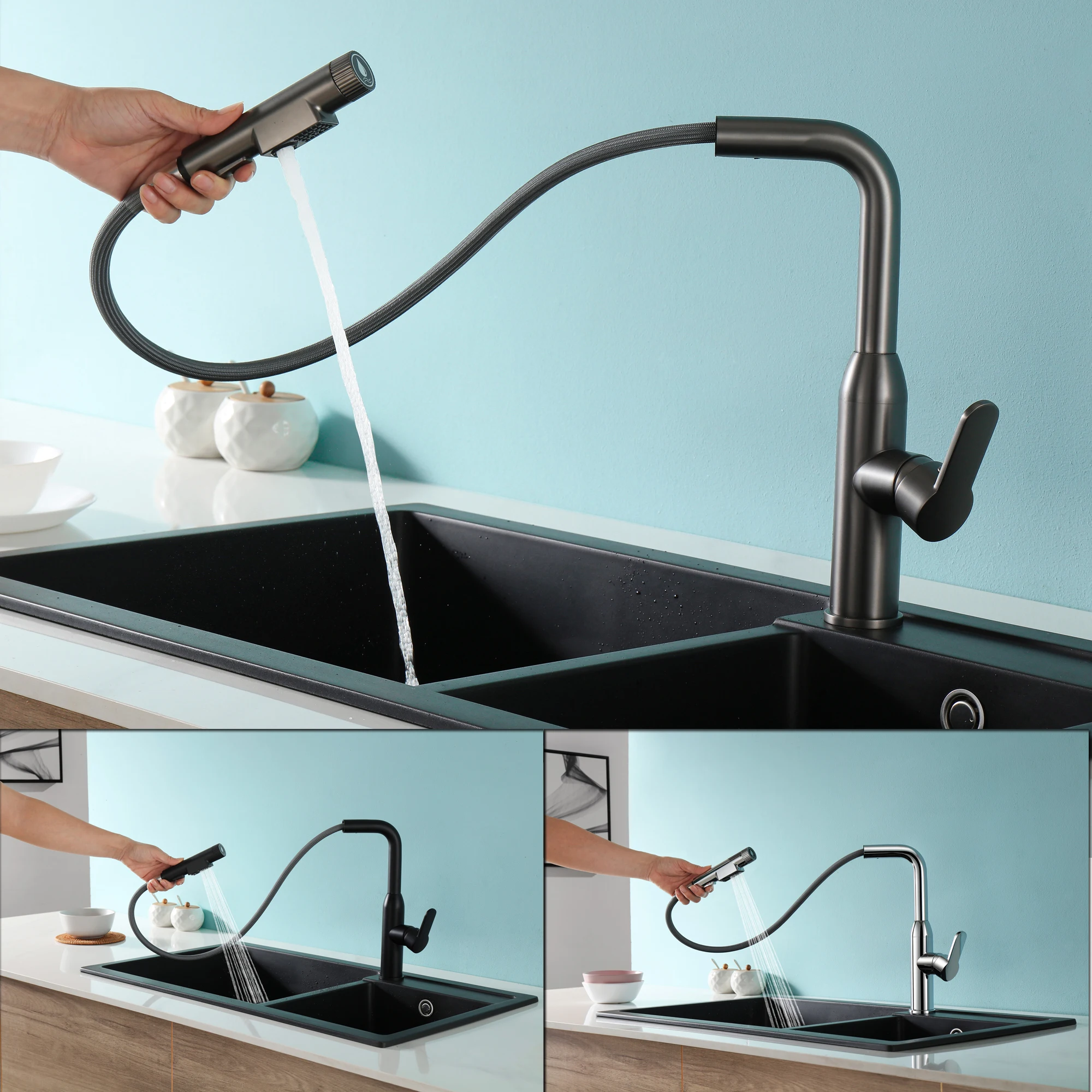 SKOWLL KitchenFaucet  Deck Mount Single Hole mixer Tap with  2 Function Pull Out Sprayer , Gun Grey  MF-3063