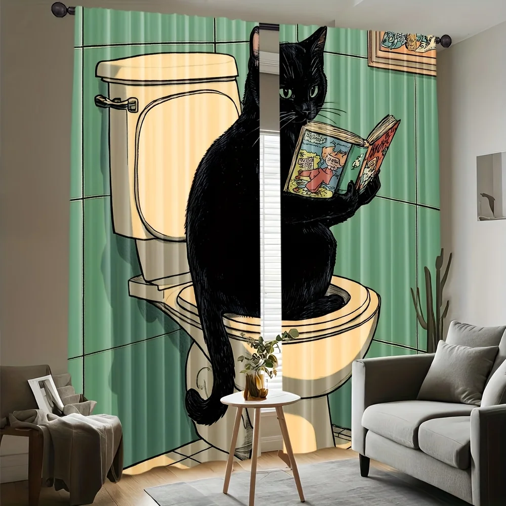 Funny Black Cat Curtains, Reading on Toilet Graphic Window Drapes, Quirky Bathroom Decor, Humor Gift, Blackout Fabric