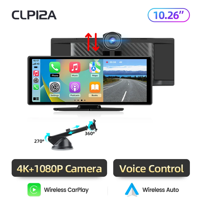 Junsun 10,26 inch Dashcam 4K Auto DVR Draadloze Carplay voor Apple Android Auto GPS Navigatie Dashboard Videorecorder IPS Touchscreen Dubbele Lens Achteruitrijcamera BT Audio AUX WIFI FM