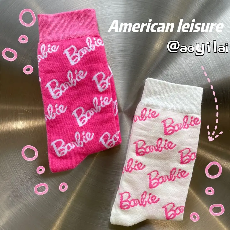 Sanrio Barbie Cotton Socks Kawaii Pink Black White Sweet Cool Personalized Letter Socks Women's Socks Skateboarding Socks