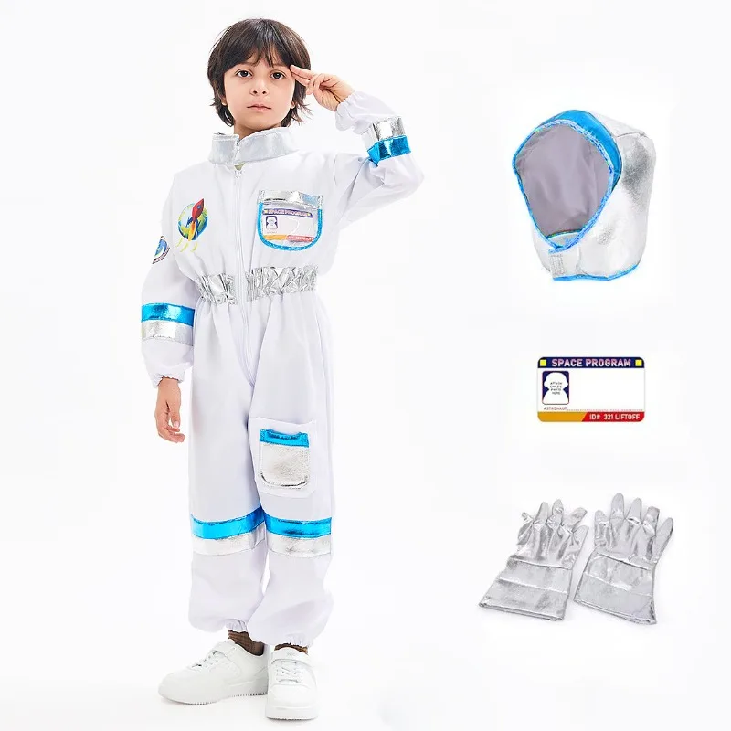 Astronaut Cosplay Spacesuit Costume Jumpsuit Workwear Uniform White Bodysuit with Hood Gloves Full Set for Girls Boys view 6