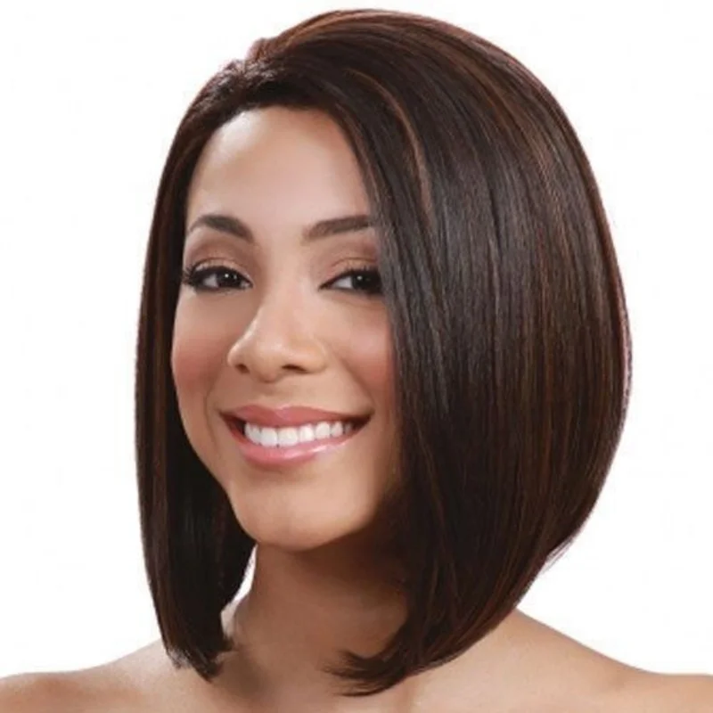 Black women's wig, brown short straight hair, bob style, middle-parted synthetic fiber, fashionable