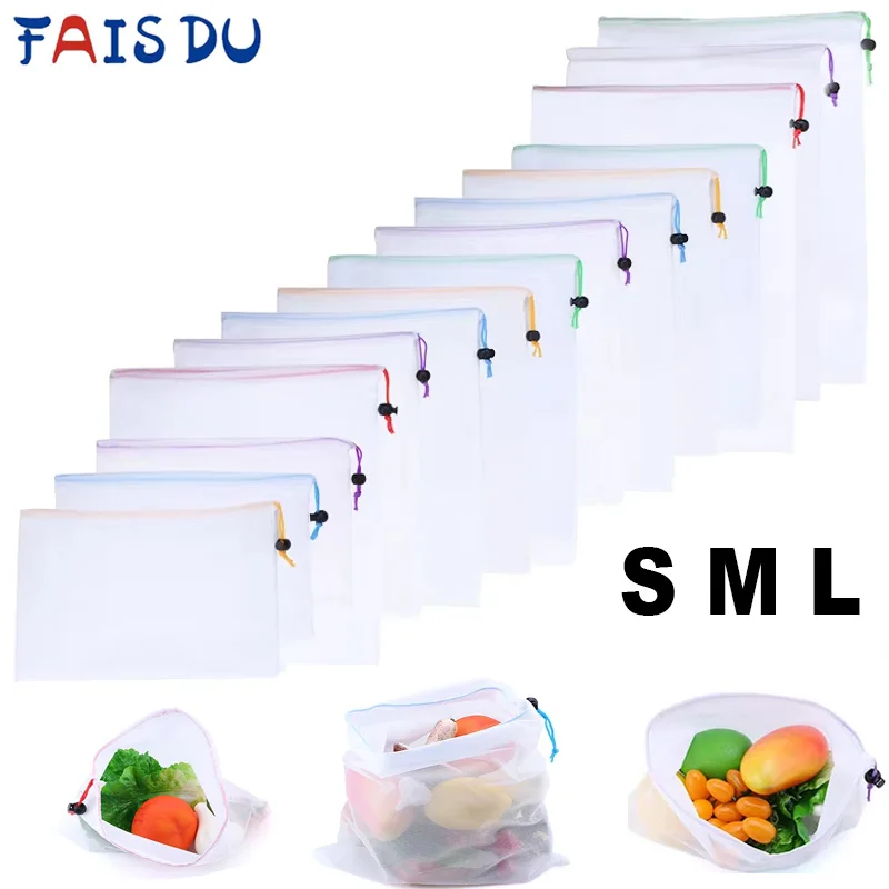 

FAIS DU 5pcs Mesh Reusable Storage Bags Comes Fruit Vegetable Home Washable Eco-Friendly Bags Kitchen Storage Bags Colorful