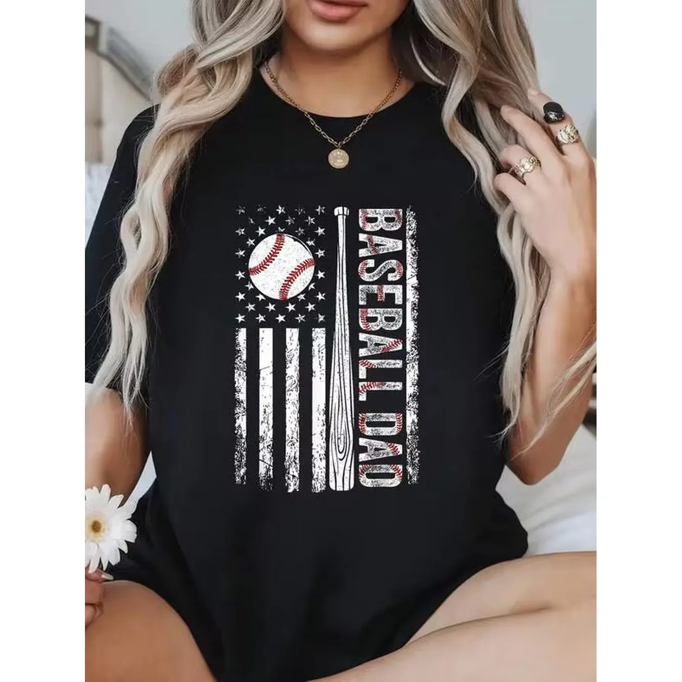 100% Cotton Summer Outfits For Women Baseball Dad American Flag Patriotic Father's Day USA Flag T-Shirt Womens Soft Short Sleeve Top, Stylish Comfy Tee For Women Graphic Tees