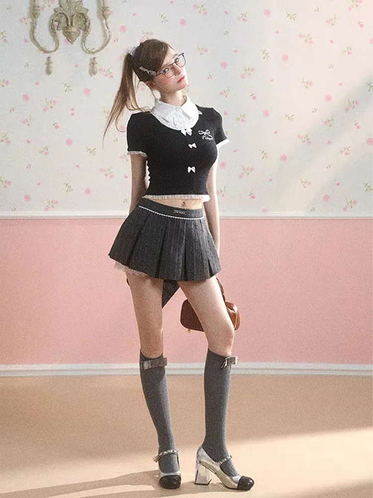 Jupe plissée à pois rayés avec nœud gris pour femmes, style Lolita japonais, mini jupes en patchwork de dentelle, jupe chaude d'été sexy pour dames, Y2k