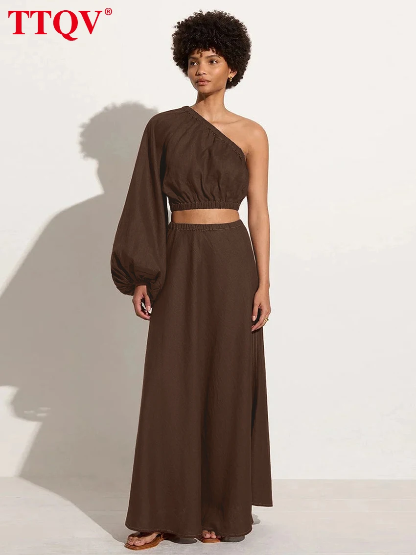 

TTQV Spring Loose Brown Cotton 2 Piece Set Women 2026 Elegant One Shoulder Long Sleeve Shirt With High Waist Long Skirt Set