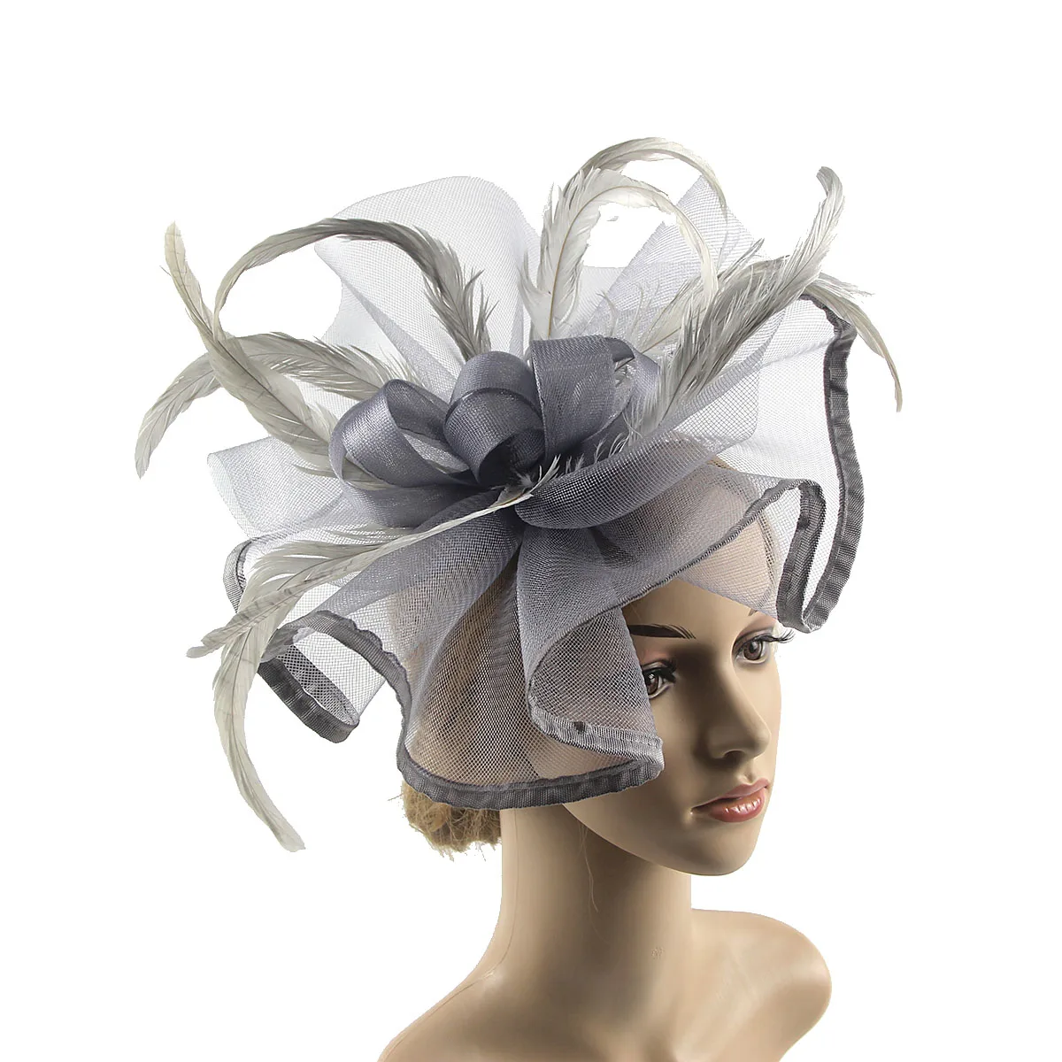 Lady Fascinators Flower Headband with Hair Clip, Pillbox Hat Cocktail Tea Party Headwear with Veil and Feather for Women