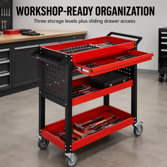 a for 3 Tier Rolling Tool Cart With Drawer & Side Pegboard, Custom Size & Color, Heavy Duty Steel Mobile Workshop Tool Trolley
