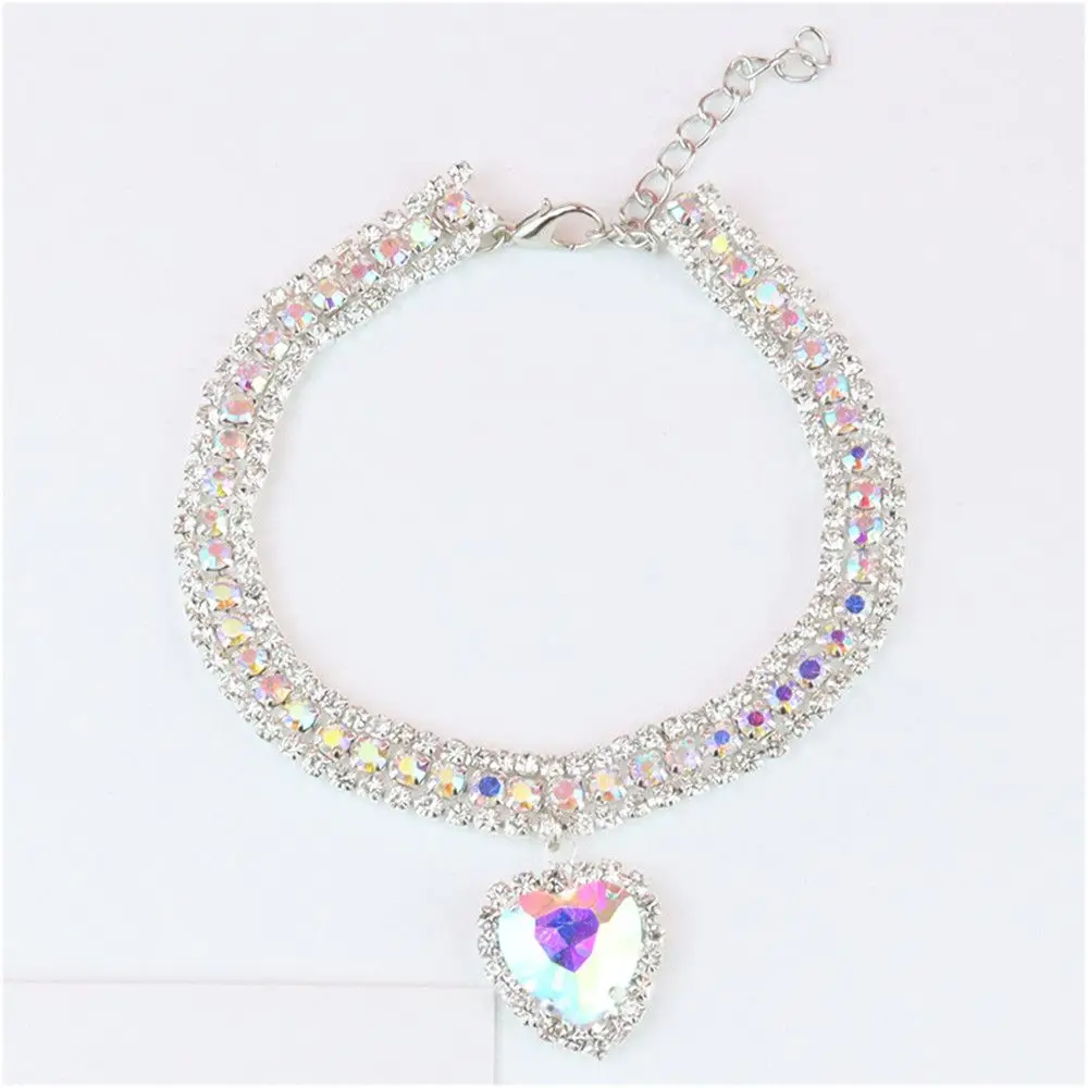 Pet Accessories Supplies Adjustable Kitten Bling Cat Collar Love Pendant Diamond Necklace Three Row