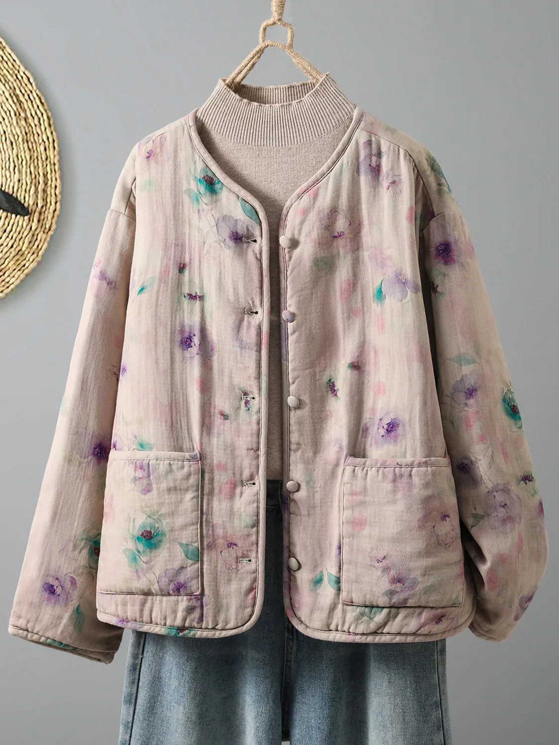 

Revised Cotton Jaet Women's Winter Thin Cotton Outerwear Warmth Collarl Coat Floral Print round Ne Single Button Closure