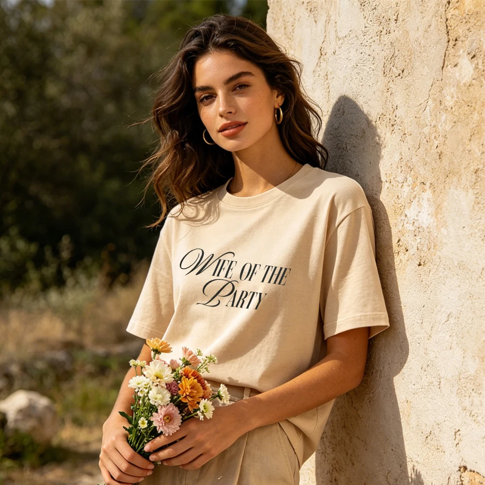 Wife of The Party Elegant Script T-Shirt Funny Bridal Bachelorette Graphic Tee Wedding Party & Honeymoon Casual Shirt for Brides