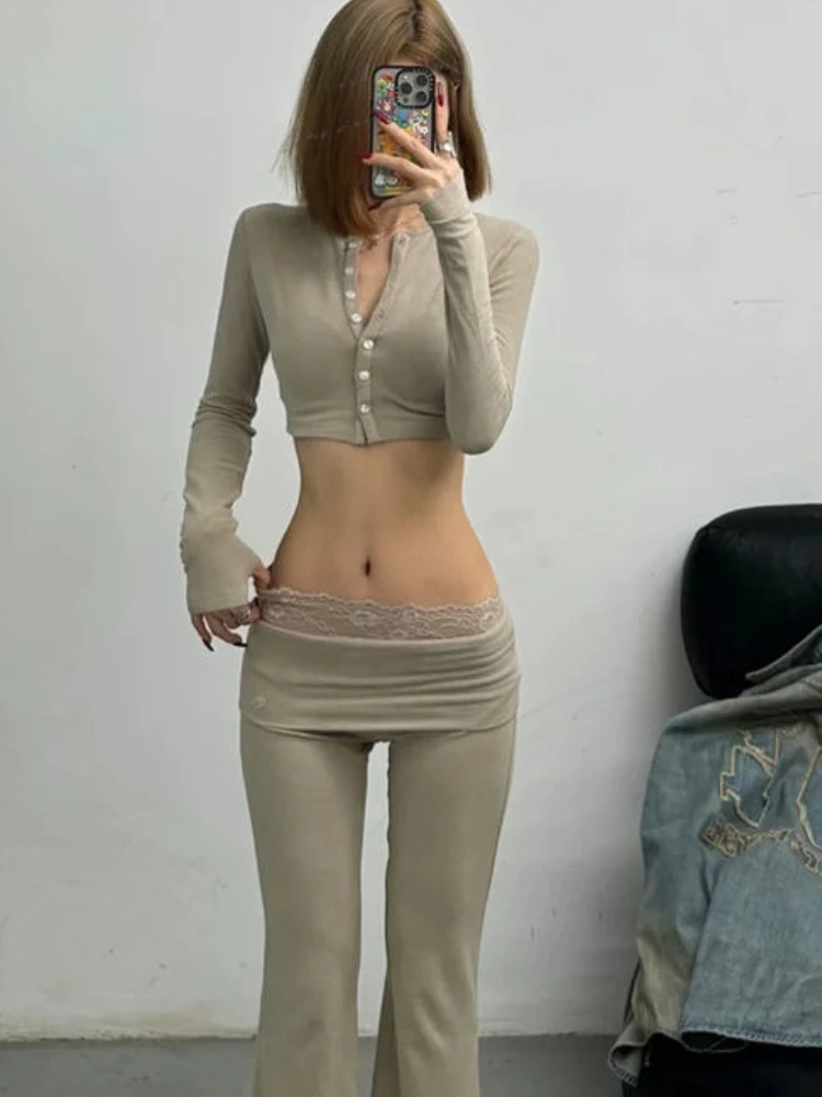 Autumn Solid Casual 2 Piece Sets Women Harajuku Y2k Design Crop Tops+High Waisted Pants Female Korean Fashion Retro Suit 2024