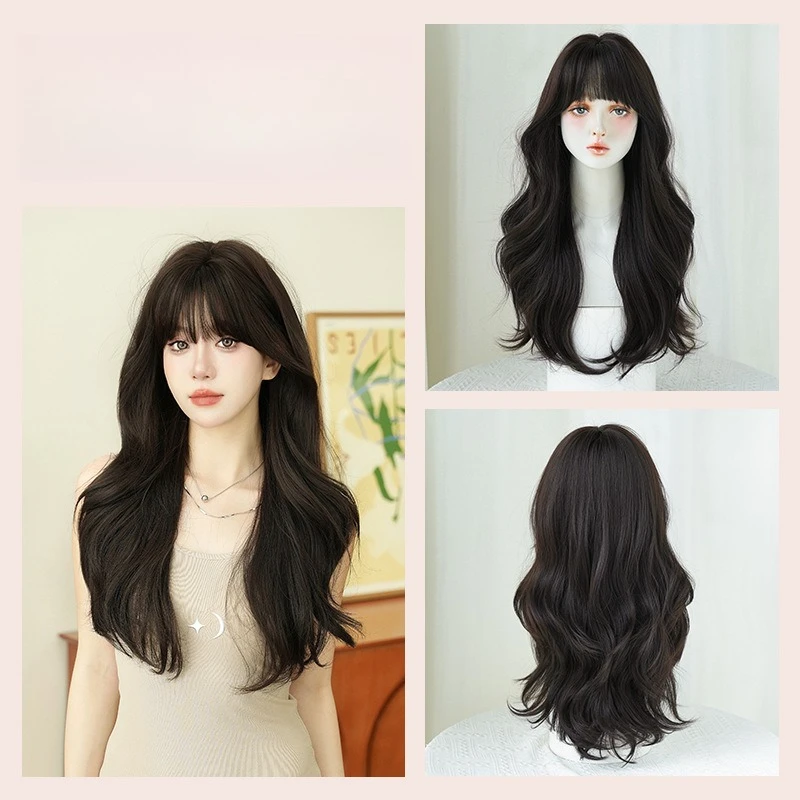 

Женский модный парик с длинными кудрявыми волосами, натуральный вид, из синтетического волокна, с челкой, длинный парик с капюшоном.