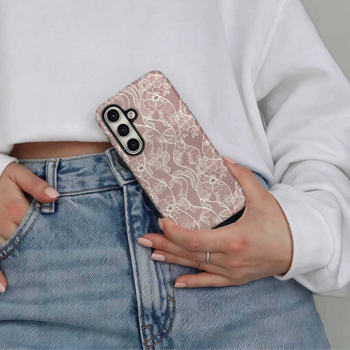 Nude Pink Lace Floral Phone Case For Samsung Galaxy S26 S25 Ultra S24 S23 Plus Hard Shock‑Absorption 2-in-1Protective Cover