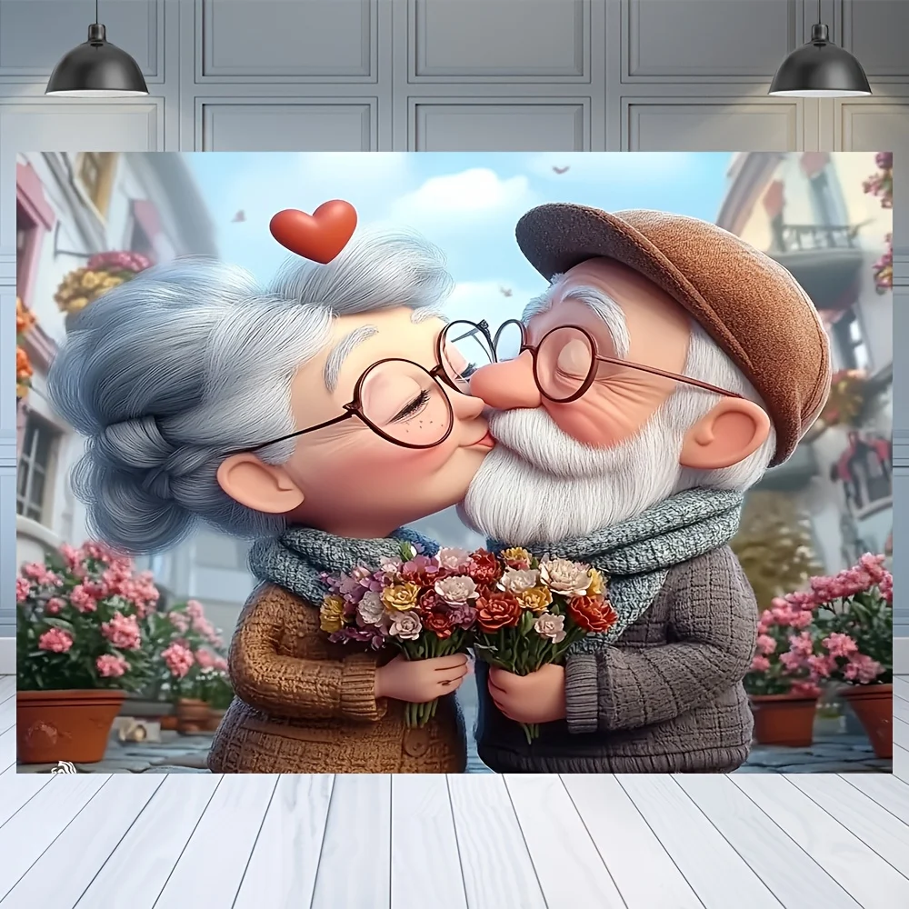 Sweet Old Couple Tapestry Love Kiss Flowers Romantic Art Wall Hanging Home Decor Elevate Your Space Free Hooks Included