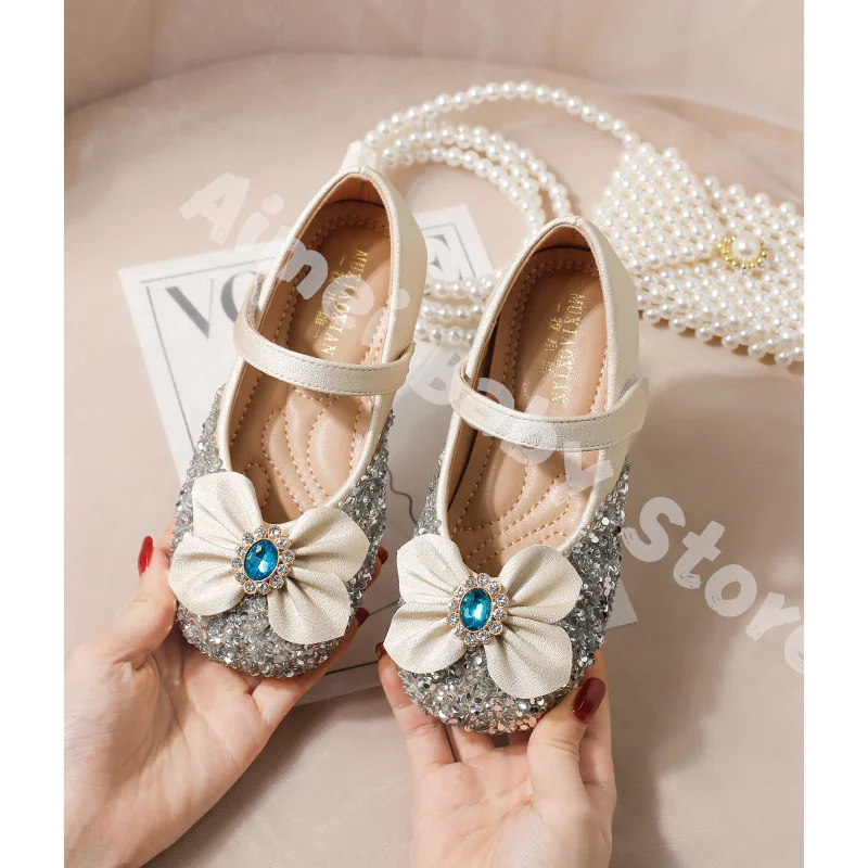 Zapatos de princesa de suela suave para niña, zapatos de cristal con lazo de cuero, zapatos de vestir para niña pequeña, primavera y otoño, 2023