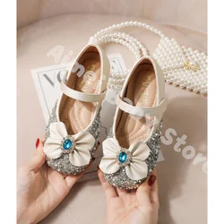 Chaussures de princesse à semelle souple pour enfants, chaussures en cristal, chaussures provoqué pour petites filles, chaussures en cuir avec nœud, printemps et automne 2023