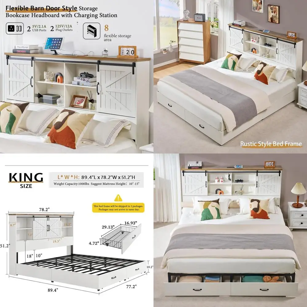 

Кровать VanAcc Farmhouse King-size, деревянная платформа с местом для хранения, изголовье-книжная полка 51,2 дюйма, 2 ящика, зарядная станция/без ящиков для хранения