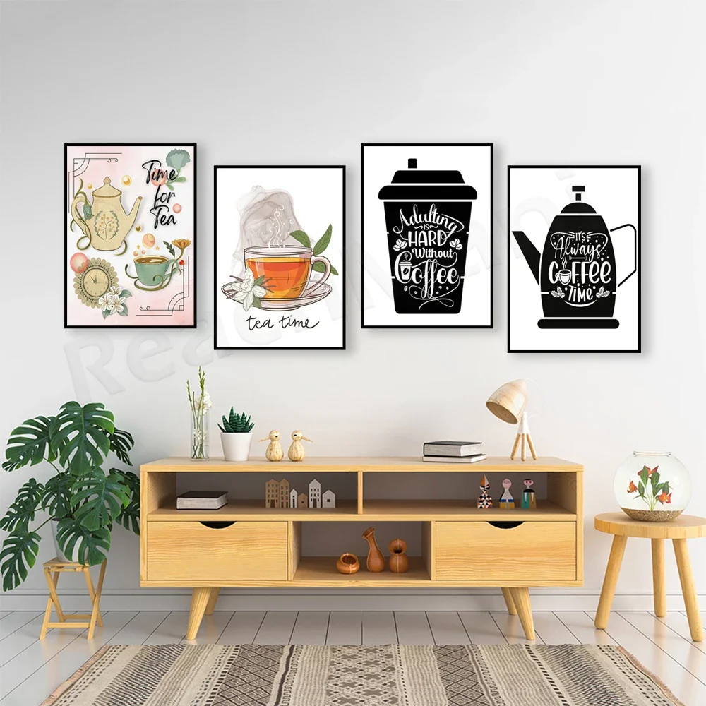 Coffee cup, coffee pot, teapot silhouette poster, tea time poster, warm and cozy poster for kitchen wall decoration,