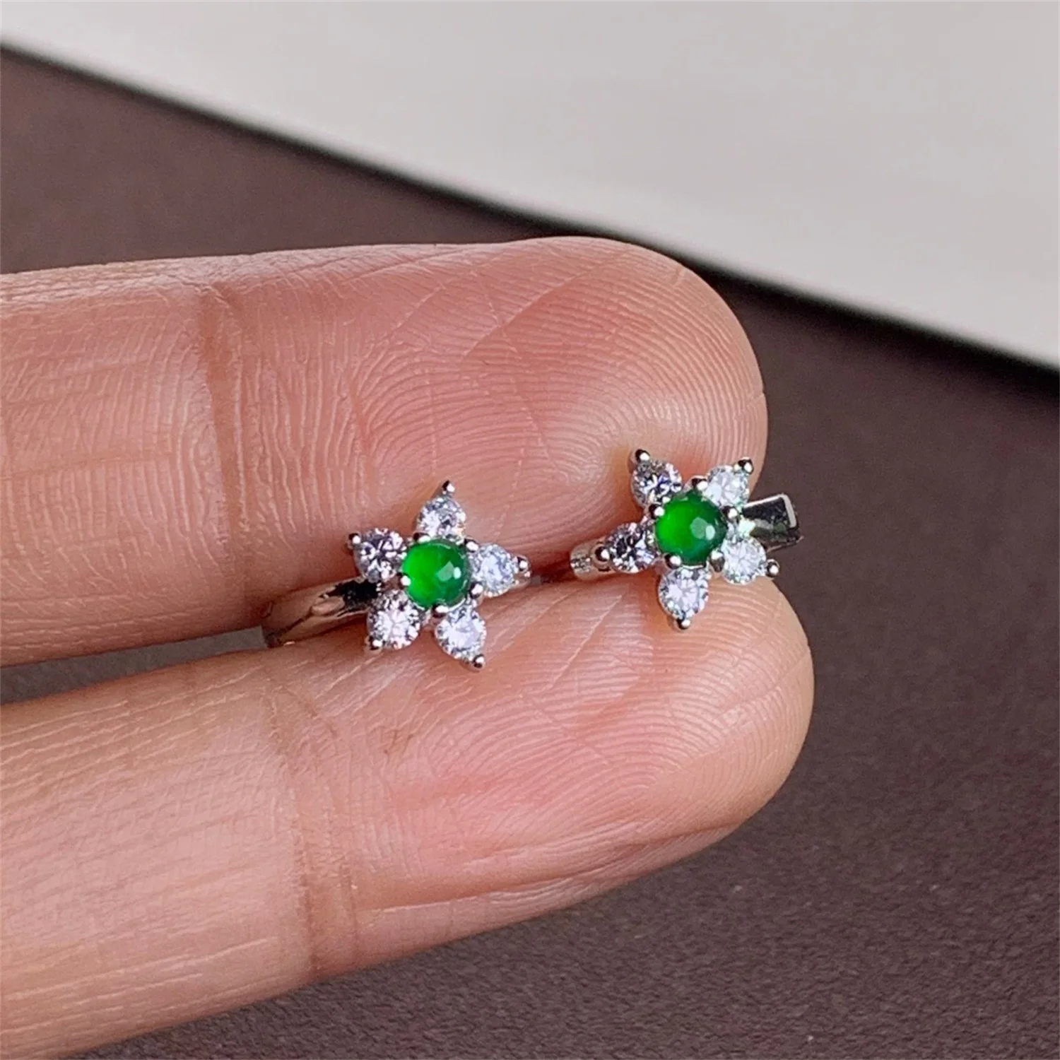 Real Guatemalan Jade Icy Translucent Vivid Green Cabochon Studs Gold Plated Sunflower Motif Elegant Women Party Daily Wear Fine