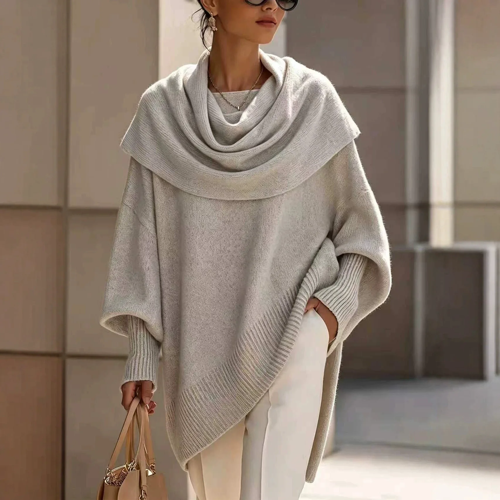 Autumn. And Winter Shawl, Turtleneck,   Cape-style Sweater, Loose-fitting Batwing. Sleeves, Asymmetrical, To Moderate Style, Kni