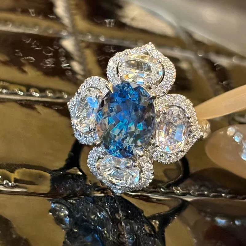

Trendy exquisite blue flower ring wedding Designer's original light luxury high-end sapphire rings for women silver jewelry