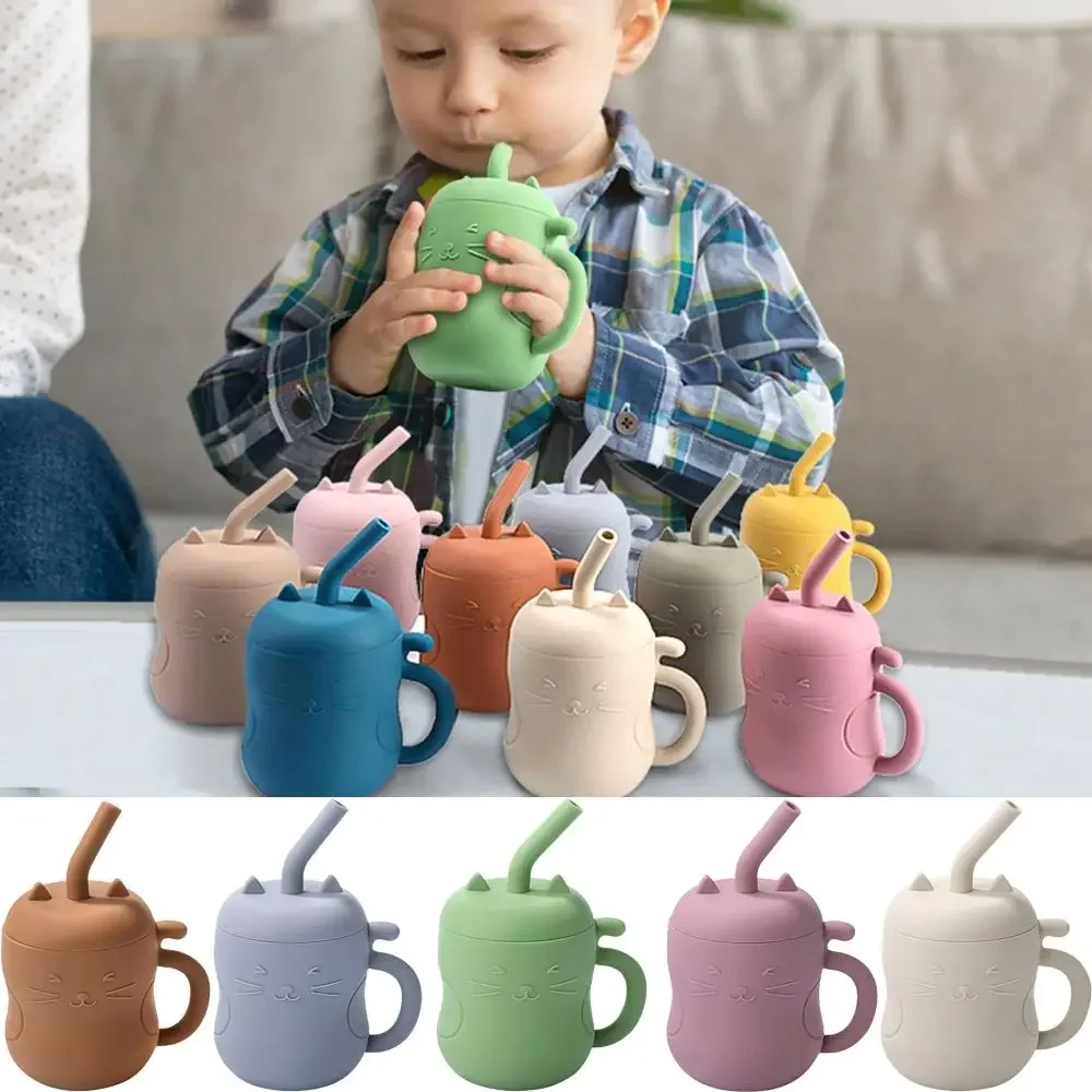 Soft Silicone Feeding Straw Cup Anti-Hot Leakproof Learning Water Container Non-Slip Handles Portable Sippy Cup Toddler