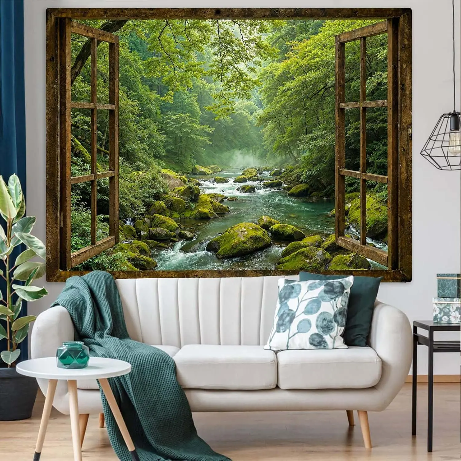 Window Forest Tapestry Green Nature Jungle Wall Tapestry Bedroom Aesthetic Rainforest Stream Outdoor Landscape Small Tapestries