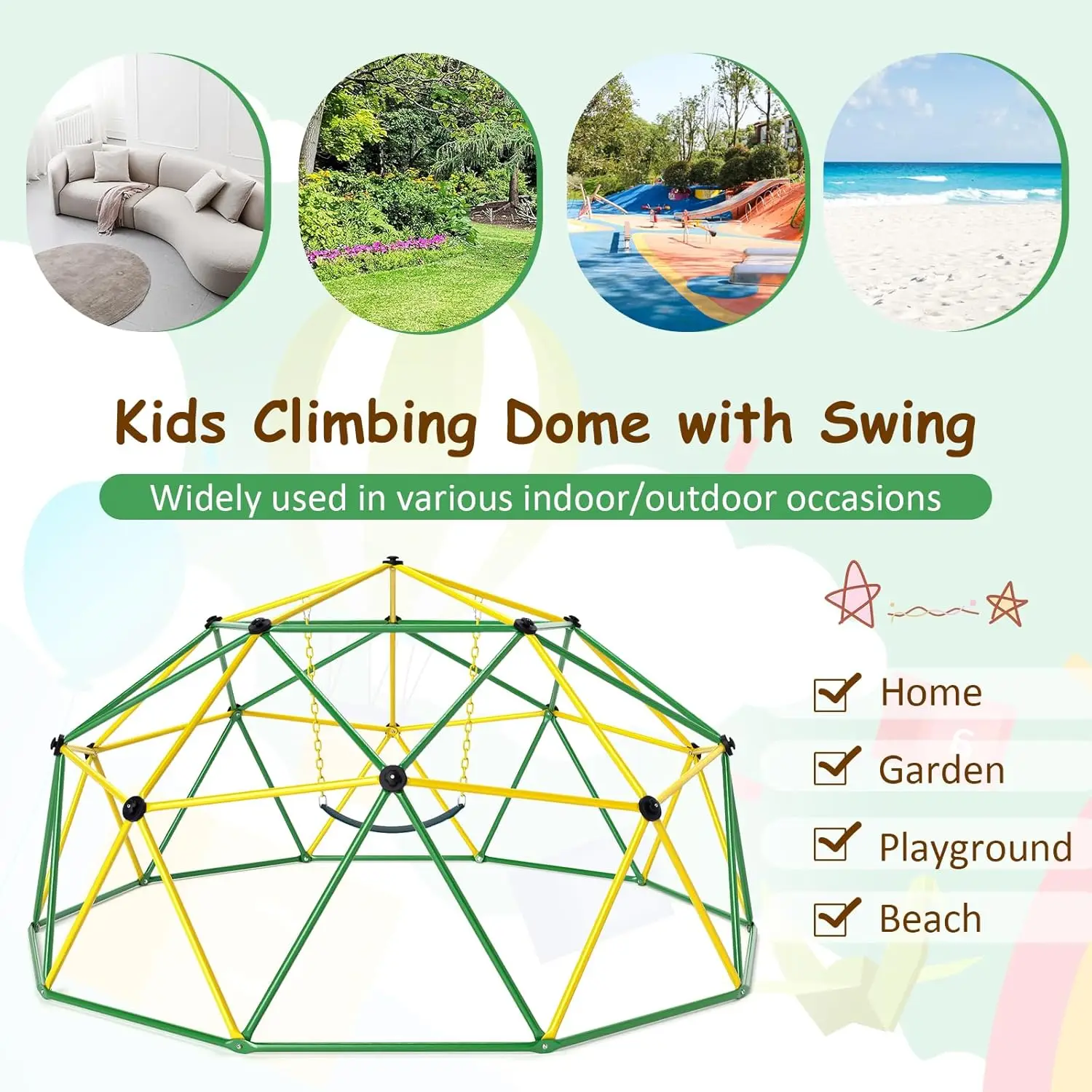 Cúpula de escalada de 10 pés com balanço, barra de macaco de ginástica de selva atualizada para quintal, brinquedos de escalada ao ar livre para crianças, equipamento de playground