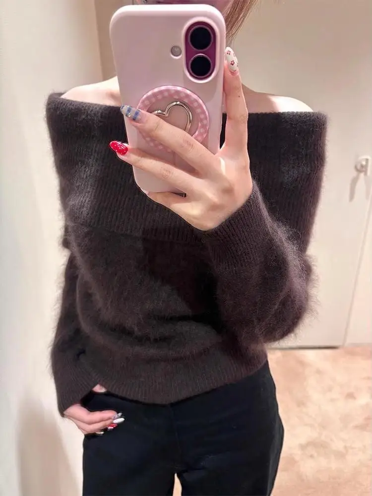 

Корейский красивый вязаный свитер на одно плечо, женский осенне-зимний свободный утягивающий топ с колючками на плечах