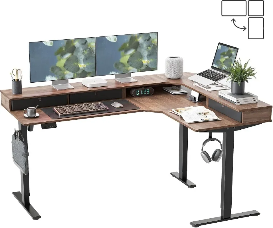 FEZIBO L Shaped Electric Standing Desk Drawers Reversible Tabletop Height Settings  Home Office & Gaming Height-Adjustable Table