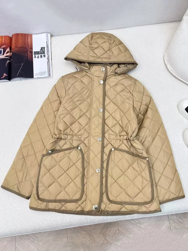 Vintage diamond plaid color pocket hooded drawstring waist down jacket 2024 fall women\'s new fashion all-match down coat