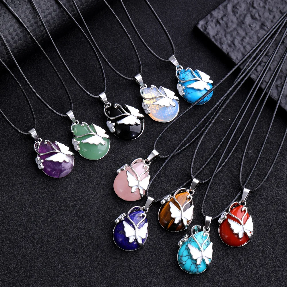 5pcs- Natural stone crystal agate alloy set small butterfly necklace pendant