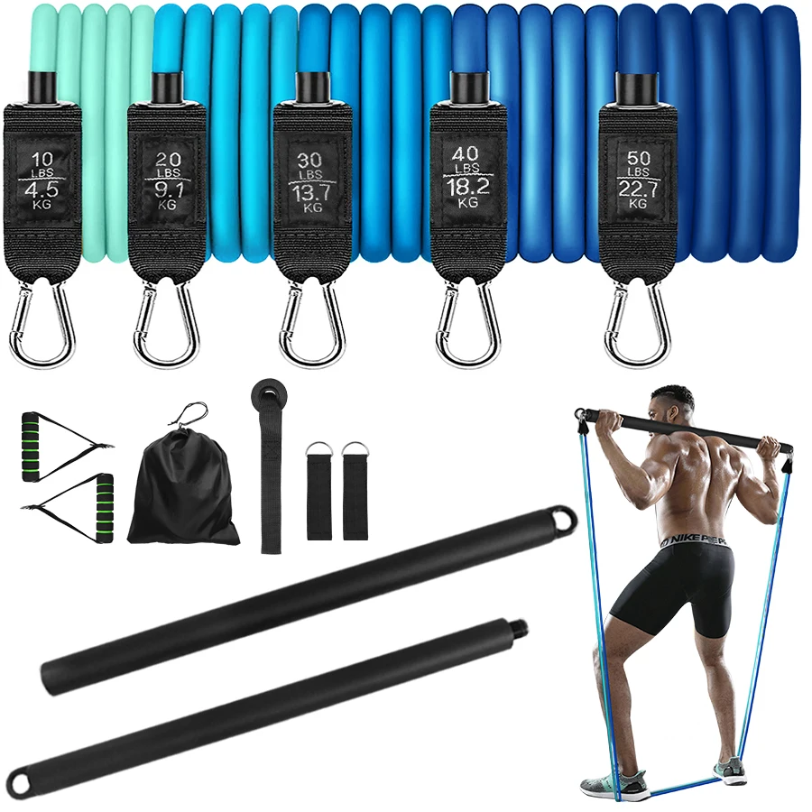 Multifunction Workout Rubber Expander Exercise Elastic Pull Rope with Training Bar 11Pcs/Set Fitness Resistance Tube Band Set