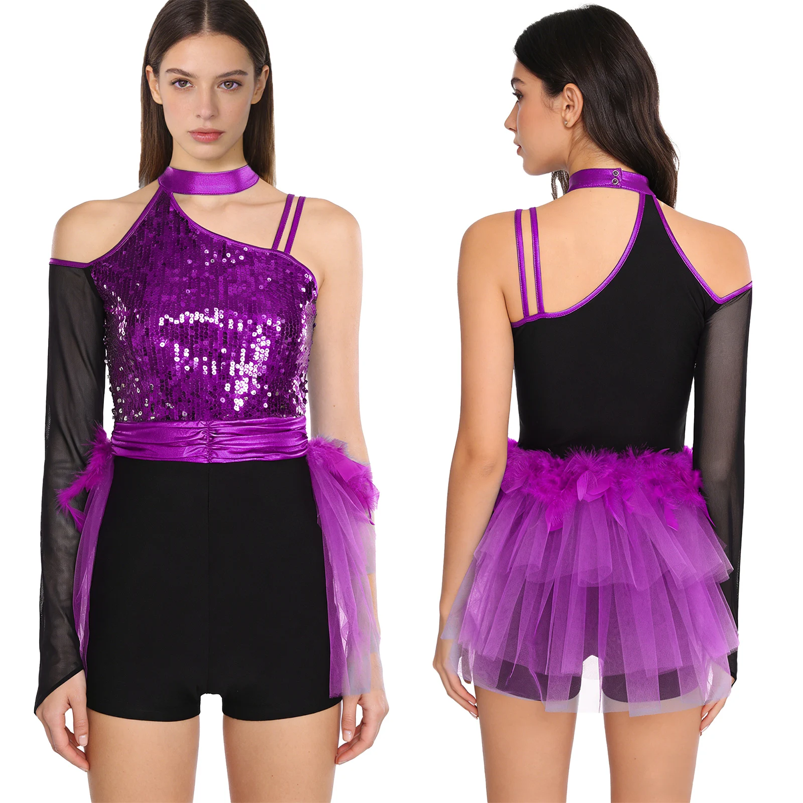 

Women Spanish Jazz Dance Bodysuit One Shoulder Long Sleeve Sequin Feather Tiered Tulle Hem Jumpsuit for Latin Chacha Dance Wear