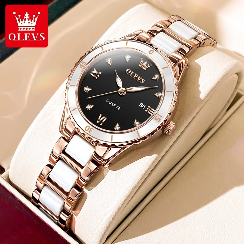 OLEVS Watches for Women Waterproof Ceramic Strap Women's Watch Luxury Diamond Inlay Luminous Dial Calendar Original Quartz Watch