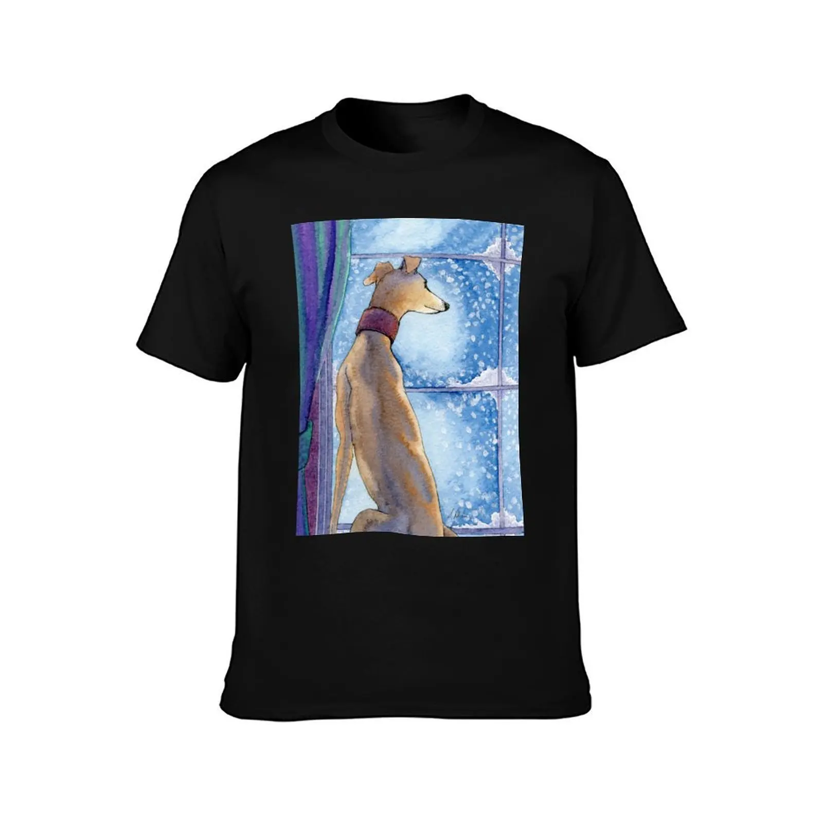 Greyhound dog sits in the warm watching the snow fall outside T-Shirt Simple Casual Short Sleeve Cotton T-Shirt
