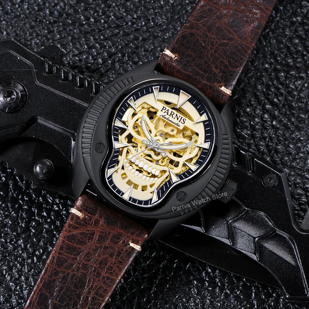 Parnis 43mm Black Color PVD Coated Cool Skull Dial Miyota Automatic Men Mechanical Watch