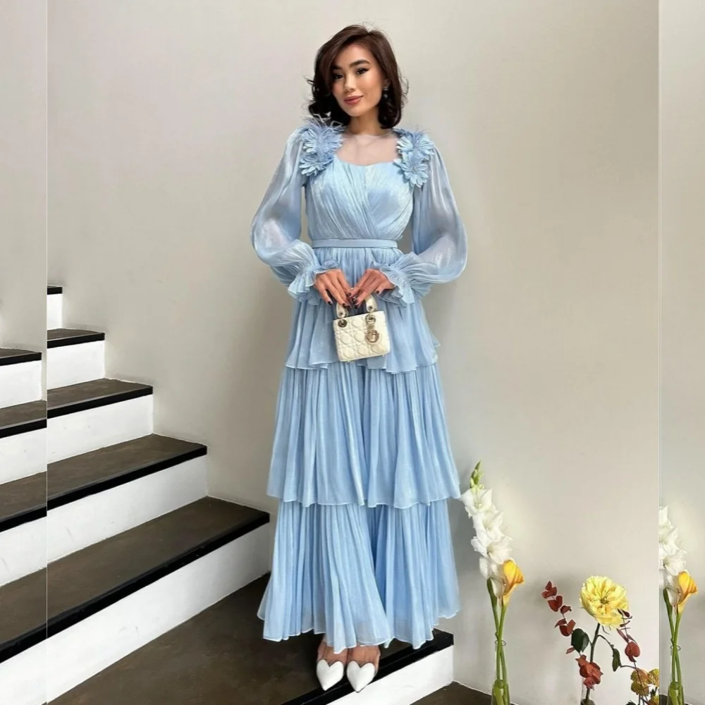 Customized Matching Exquisite Chiffon Tiered Handmade Flower A-line Square Neck Midi Dresses Bespoke Occasion Dresses Simple