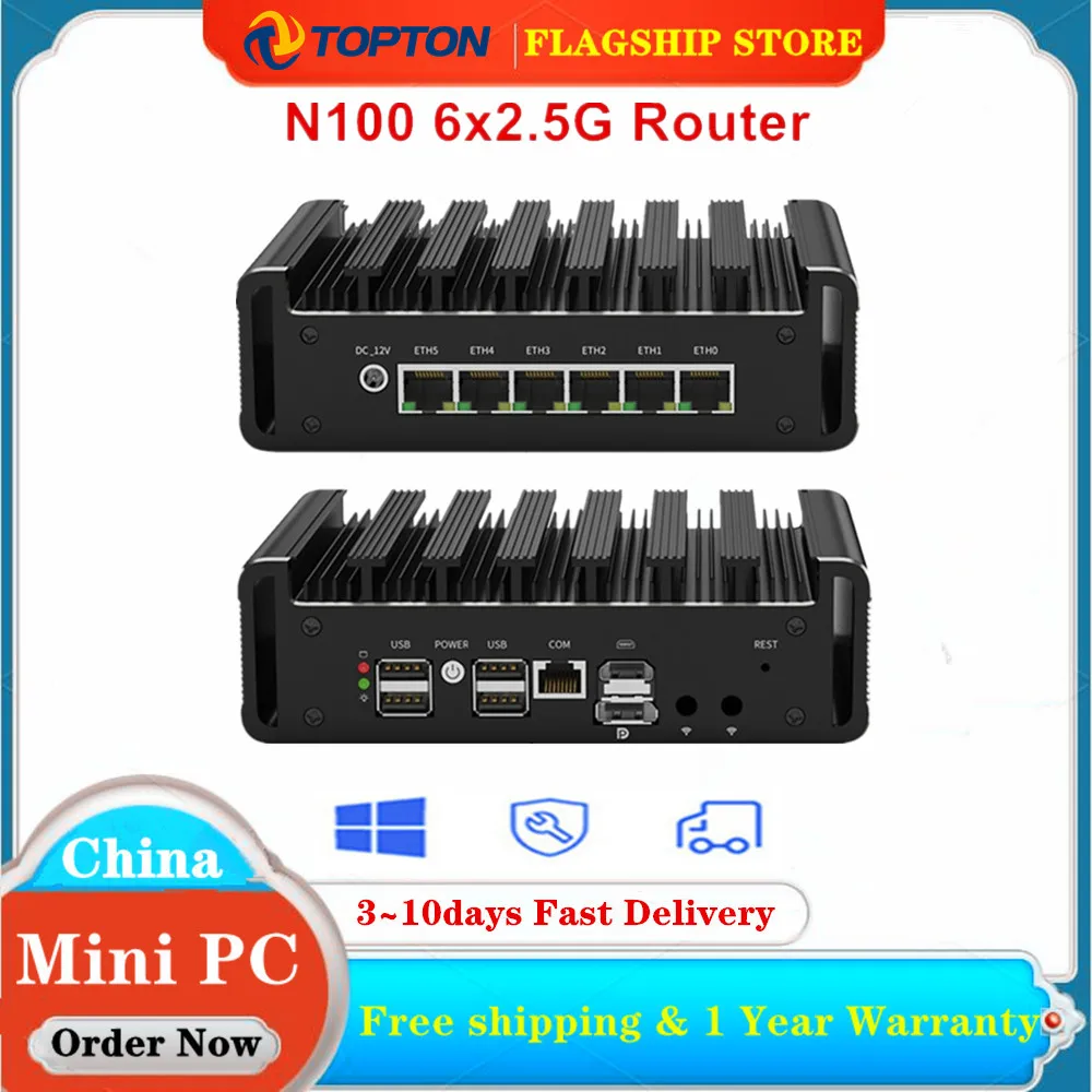 

6x2.5G 12th Gen Firewall Router Intel N100 i226-V Fanless Mini PC DDR5 NVMe RJ45 COM Industrial Computer pfSense OPNsense PVE