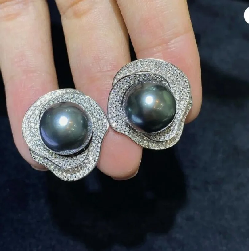 

Gorgeous AAAA 10-11mm south sea Round Black pearl earring 925s