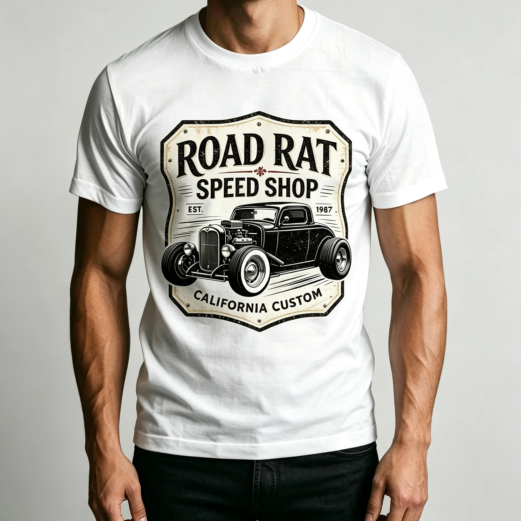 Men Road Rat Speed Shop Vintage Hot Rod Car Print T Shirt Retro California Crew Neck Cotton Casual Short Sleeve Streetwear Tops