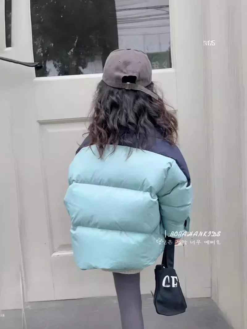 Fashion Baby Girls Winter Jacket Cotton Padded Toddler Teens Hooded Short Coat Kids Blue Patchwork Thick Child Outerwear TR207