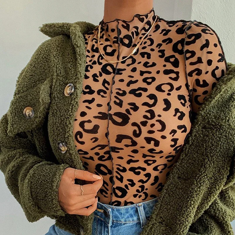 BKLD-macacão estampado leopardo para mulheres, manga longa, gola alta, macacão bodycon, tops marrons, moda casual, 2024