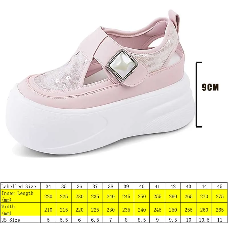 Fujin 9cm 2024 Microfiber Leather Air Mesh Mary Jane Summer Sandals Women Shoes Hook Platform Wedge Round Summer Fashion Ankle