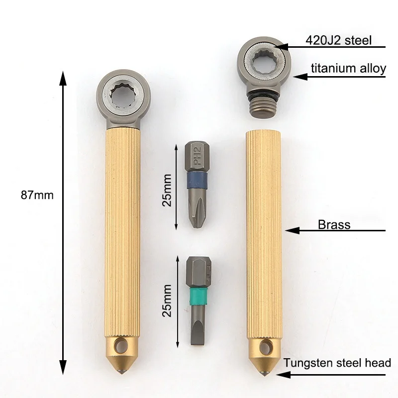 Outdoor Multifunctional EDC Tool Wrench Flat Screwdriver Cross screwdriver Portable Keychain Window Breaker Brass Titanium Alloy