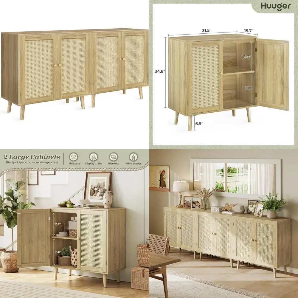 Large Storage Buffet Cabinets Set of 2, Rattan Door Accent Cabinets with Solid Wood Legs, Space-saving Dining Room Furniture