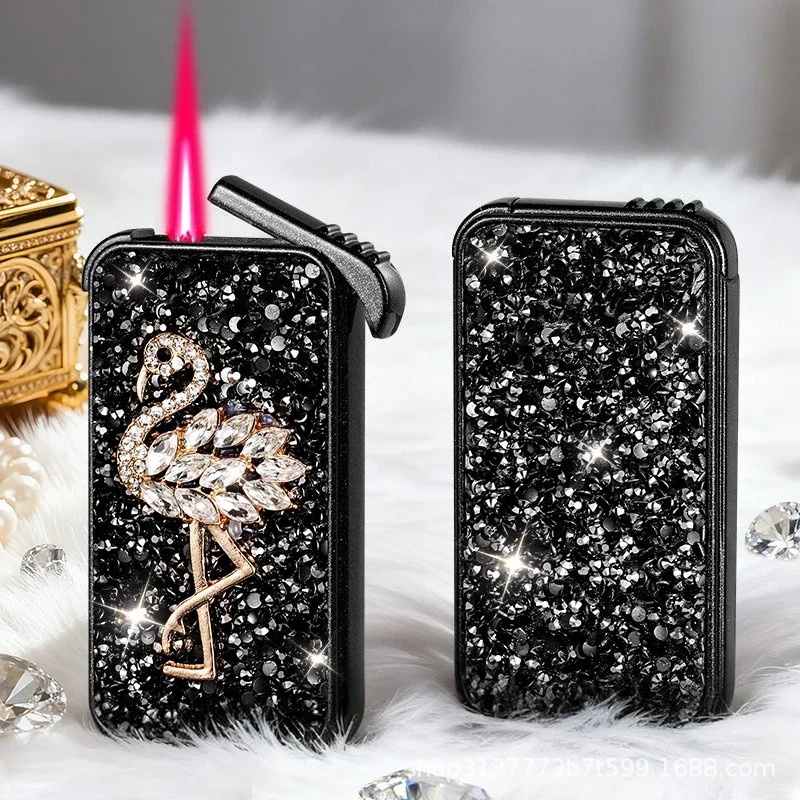 2027 Creative Diamond-encrusted Gas Lighter Windproof Red Flame Torch Lighter Luxury Rhinestone Decorative Lighter Unique Gift