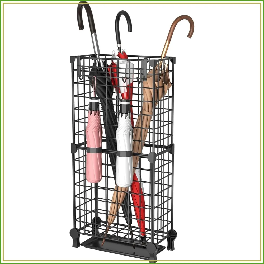 

Umbrella Stand Freestanding, Metal Square Umbrella Rack Organizer with Removable Drip Tray and Hooks