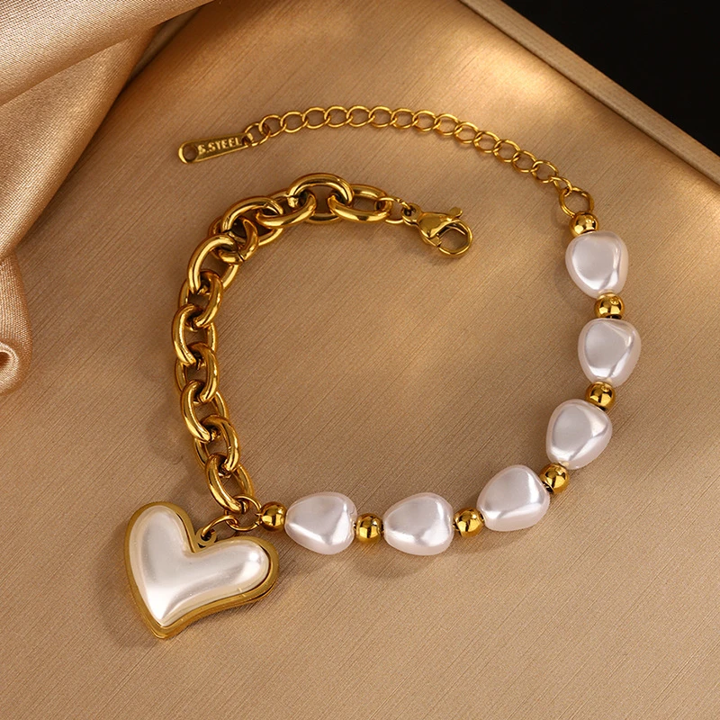 316L Stainless Steel 2025 New Fashion Fine Jewelry Irregular Shaped Pearls Charm Love Heart Chain Bracelets For Women Decoration